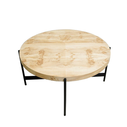 36" Natural And Black Wood and Iron Round Coffee Table