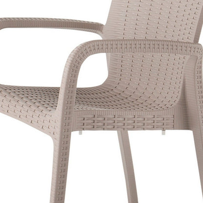 Set of Two Taupe Faux Rattan Heavy Duty Plastic Outdoor Stacking Arm Chairs