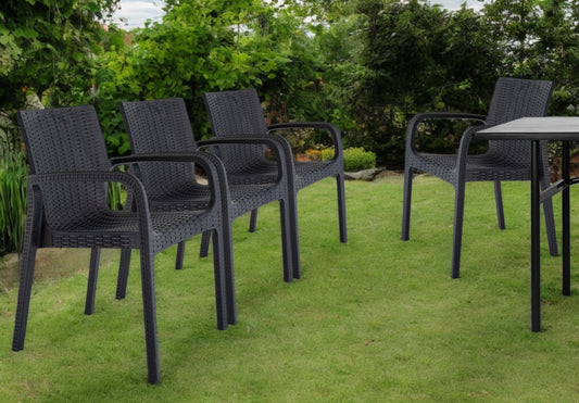 Set of Four 24" Black Faux Rattan Heavy Duty Plastic Outdoor Stacking Arm Chairs