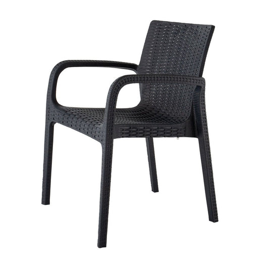 Set of Two Black Faux Rattan Heavy Duty Plastic Outdoor Stacking Arm Chairs