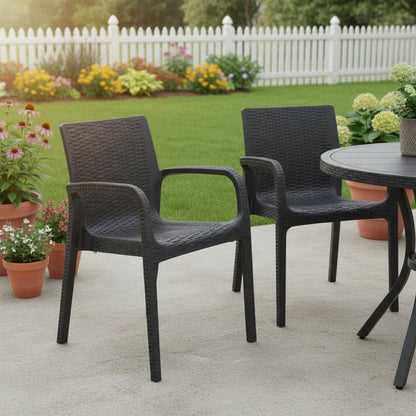 Set of Two Black Faux Rattan Heavy Duty Plastic Outdoor Stacking Arm Chairs