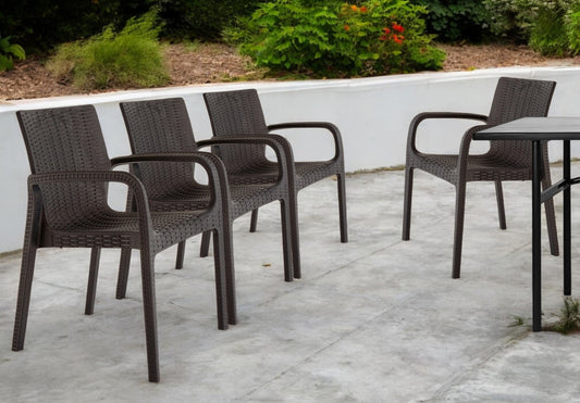 Set of Four 24" Brown Faux Rattan Heavy Duty Plastic Outdoor Stacking Arm Chairs