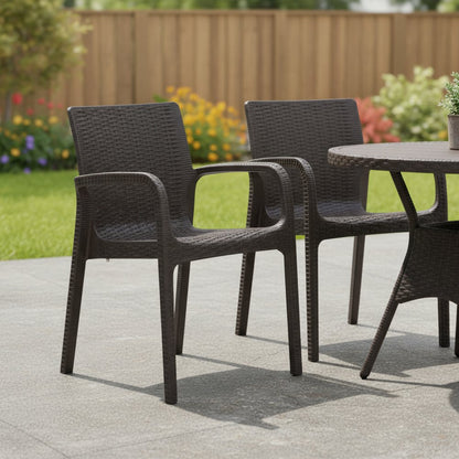 Set of Two Brown Faux Rattan Heavy Duty Plastic Outdoor Stacking Arm Chairs
