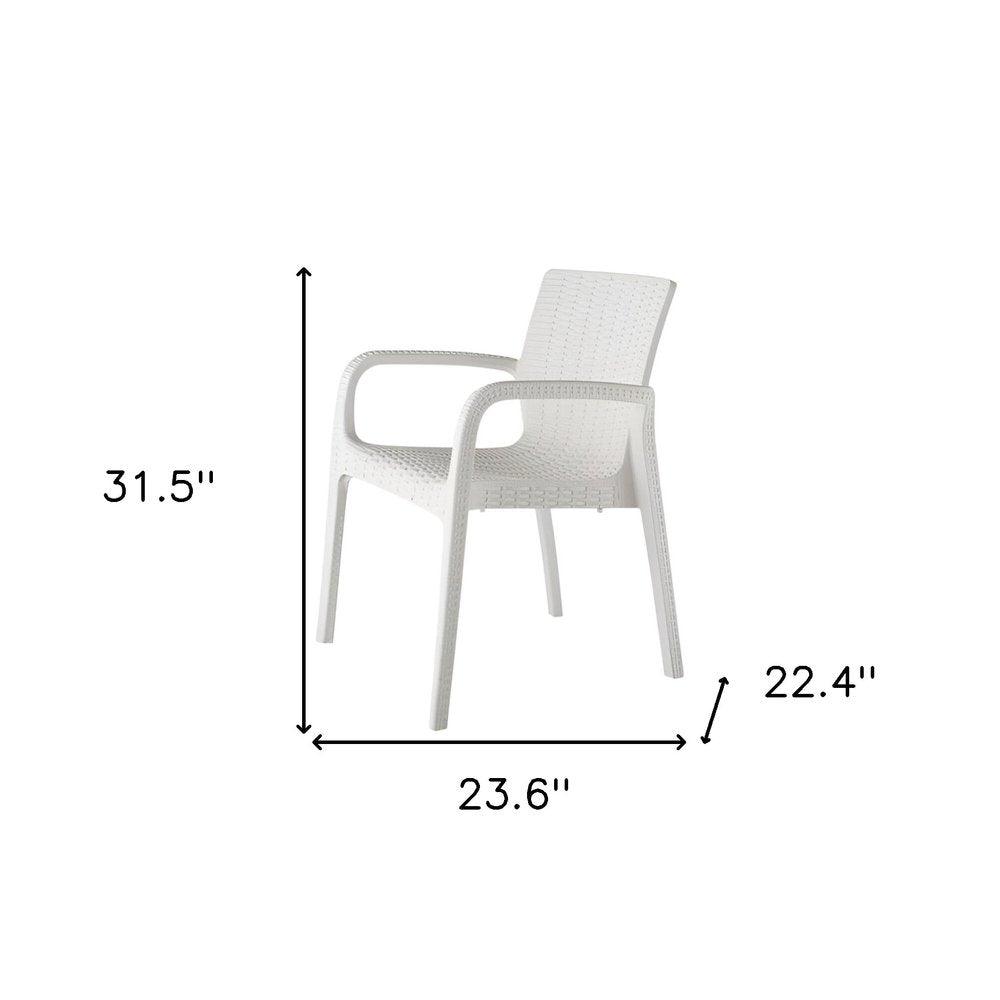 Set of Two White Faux Rattan Heavy Duty Plastic Outdoor Stacking Arm Chairs
