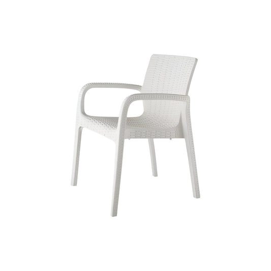 Set of Two White Faux Rattan Heavy Duty Plastic Outdoor Stacking Arm Chairs