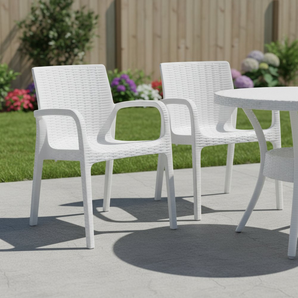 Set of Two White Faux Rattan Heavy Duty Plastic Outdoor Stacking Arm Chairs