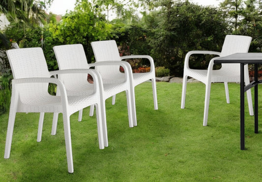 Set of Four 24" White Faux Rattan Heavy Duty Plastic Outdoor Stacking Arm Chairs