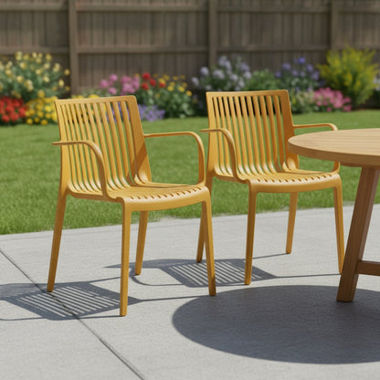 Set of Two Yellow Heavy Duty Plastic Outdoor Stacking Arm Chairs