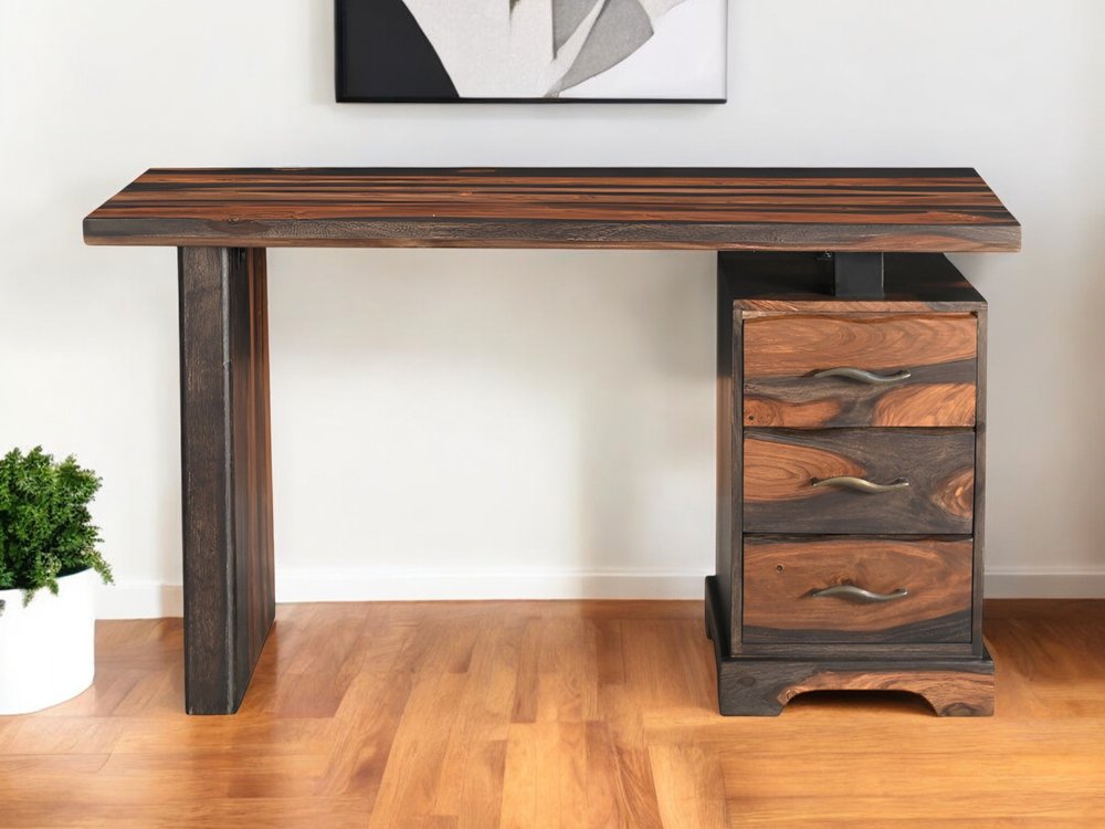 54" Dark Brown and Light Brown Solid Wood Writing Desk With Three Drawers