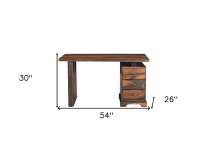 54" Dark Brown and Light Brown Solid Wood Writing Desk With Three Drawers