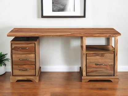 68" Brown Live Edge Solid Wood Writing Desk With Four Drawers