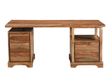 68" Brown Live Edge Solid Wood Writing Desk With Four Drawers