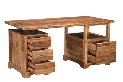 68" Brown Live Edge Solid Wood Writing Desk With Four Drawers