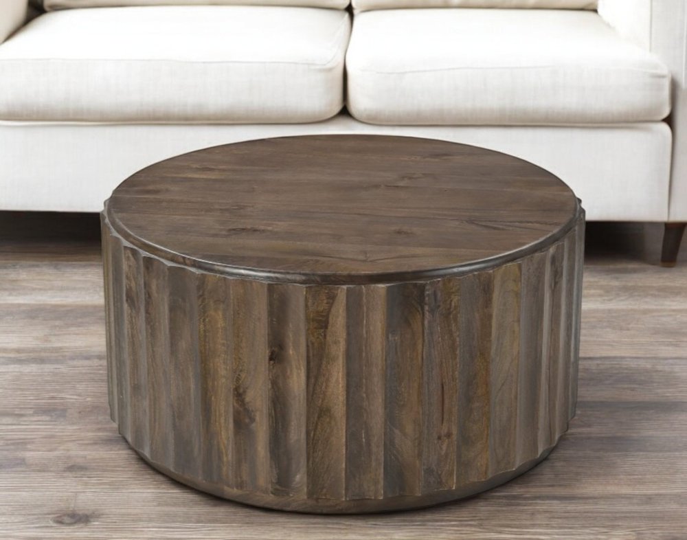 36" Brown Solid Wood Round Drum Coffee Table