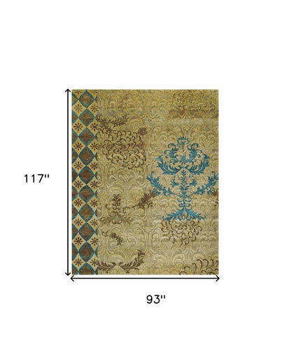 8' X 10' Tan Blue and Brown Floral Hand Knotted Area Rug