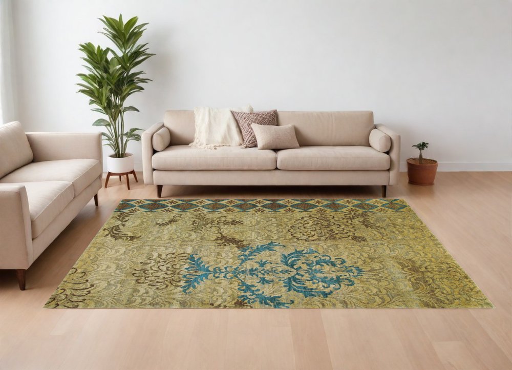 8' X 10' Tan Blue and Brown Floral Hand Knotted Area Rug