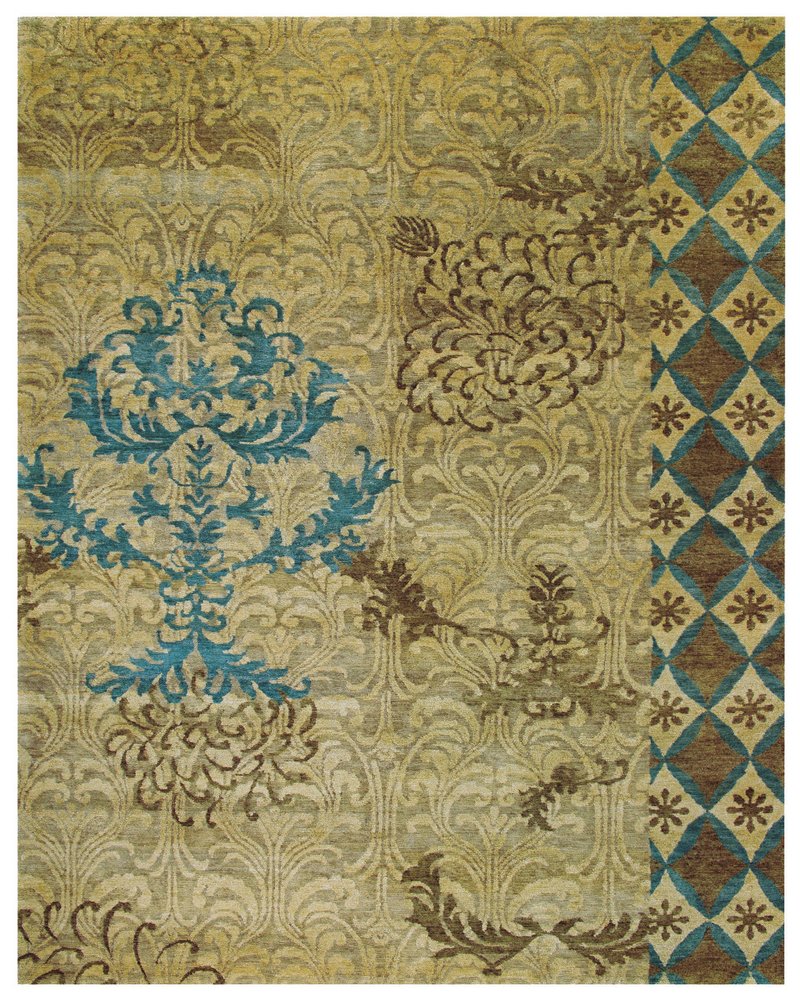 8' X 10' Tan Blue and Brown Floral Hand Knotted Area Rug