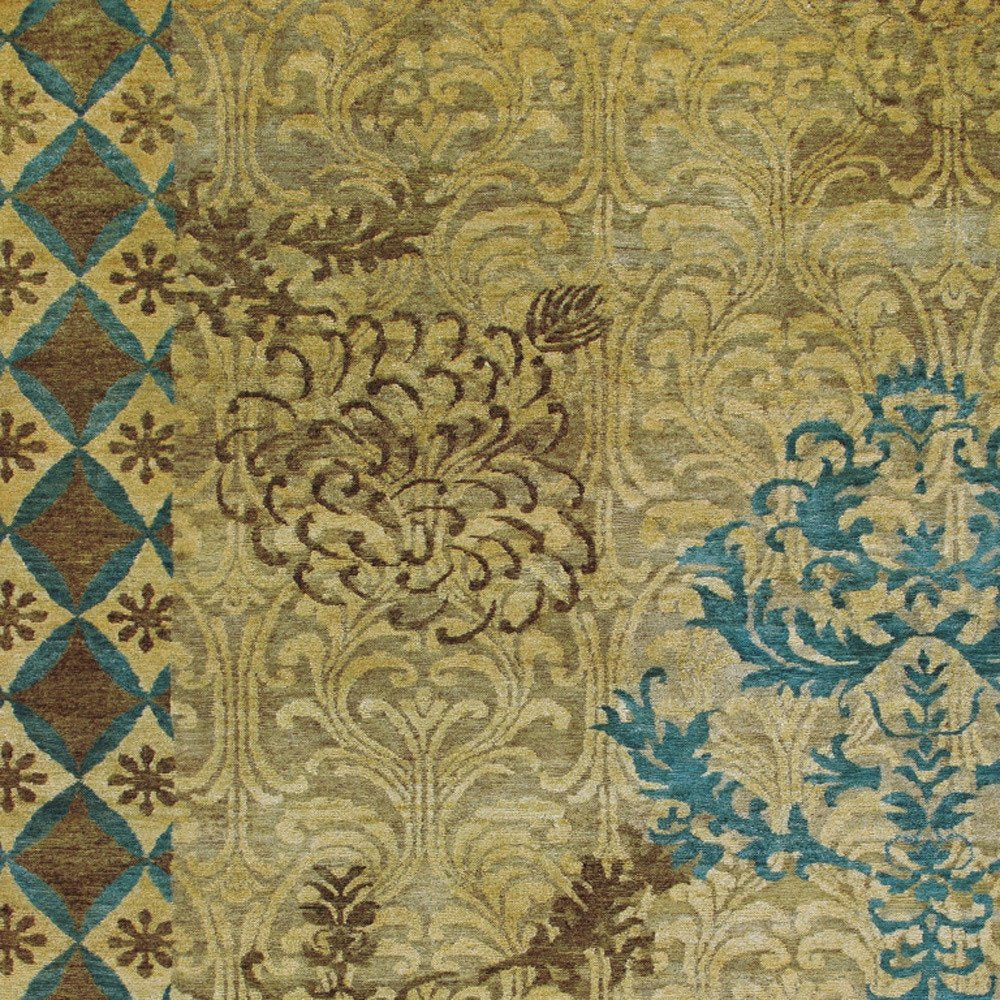 8' X 10' Tan Blue and Brown Floral Hand Knotted Area Rug