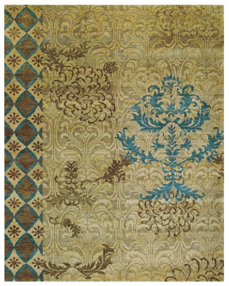 8' X 10' Tan Blue and Brown Floral Hand Knotted Area Rug