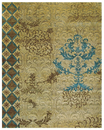 8' X 10' Tan Blue and Brown Floral Hand Knotted Area Rug
