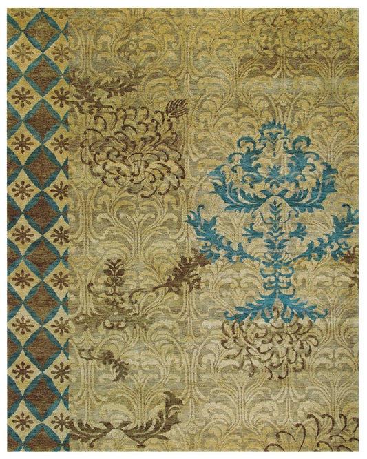 8' X 10' Tan Blue and Brown Floral Hand Knotted Area Rug
