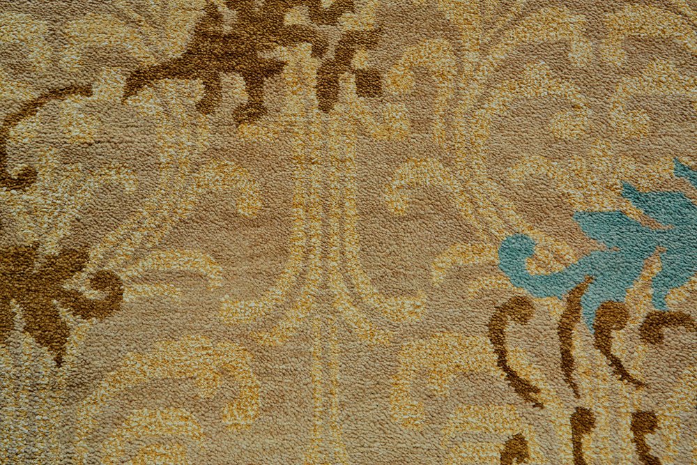 8' X 10' Tan Blue and Brown Floral Hand Knotted Area Rug
