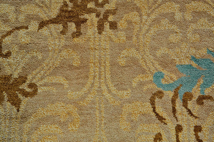 8' X 10' Tan Blue and Brown Floral Hand Knotted Area Rug
