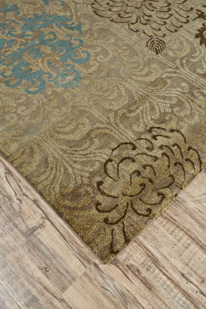 8' X 10' Tan Blue and Brown Floral Hand Knotted Area Rug