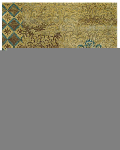 8' X 10' Tan Blue and Brown Floral Hand Knotted Area Rug