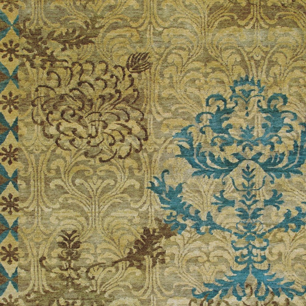 8' X 10' Tan Blue and Brown Floral Hand Knotted Area Rug
