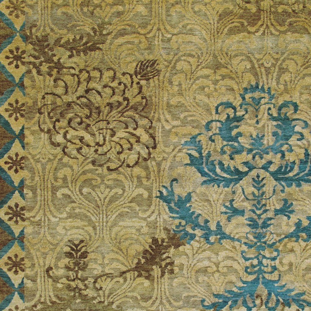8' X 10' Tan Blue and Brown Floral Hand Knotted Area Rug
