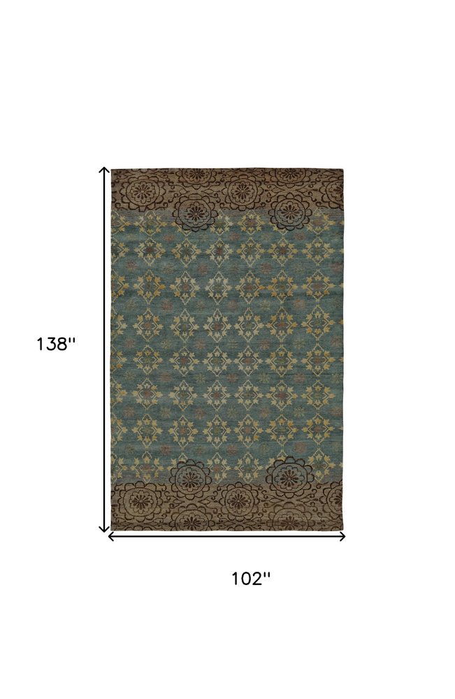 8' X 12' Green Blue and Brown Floral Hand Knotted Area Rug