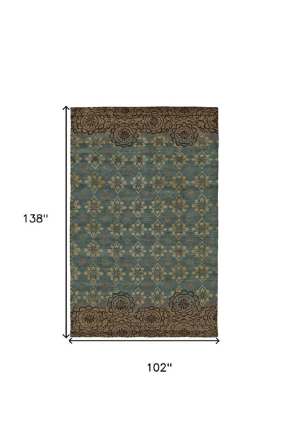 8' X 12' Green Blue and Brown Floral Hand Knotted Area Rug