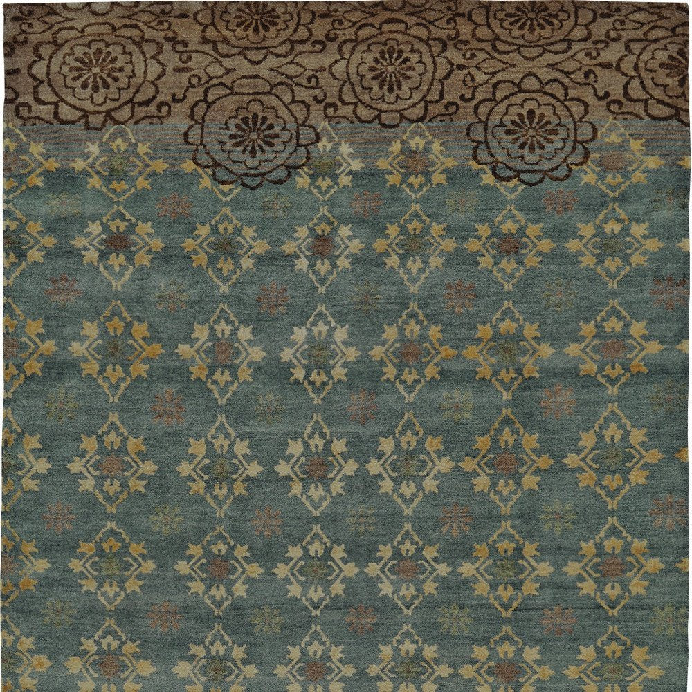 8' X 12' Green Blue and Brown Floral Hand Knotted Area Rug