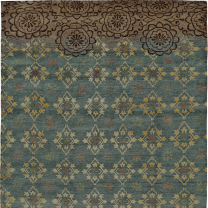 8' X 12' Green Blue and Brown Floral Hand Knotted Area Rug