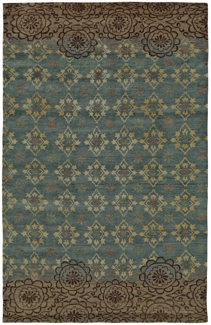 8' X 12' Green Blue and Brown Floral Hand Knotted Area Rug