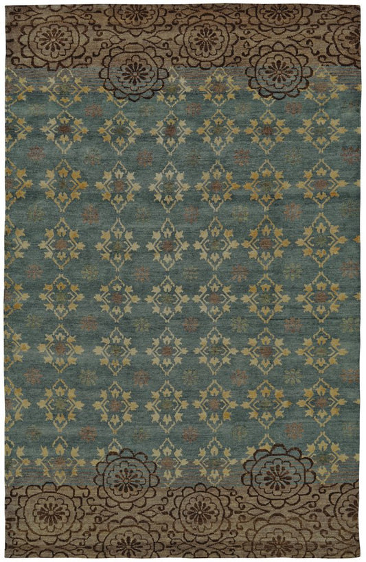 8' X 12' Green Blue and Brown Floral Hand Knotted Area Rug
