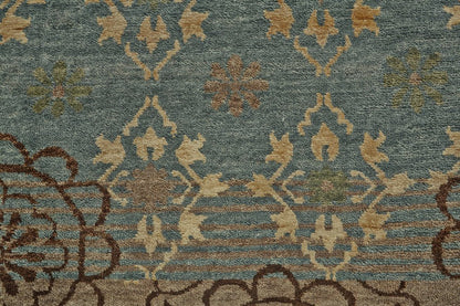 8' X 12' Green Blue and Brown Floral Hand Knotted Area Rug