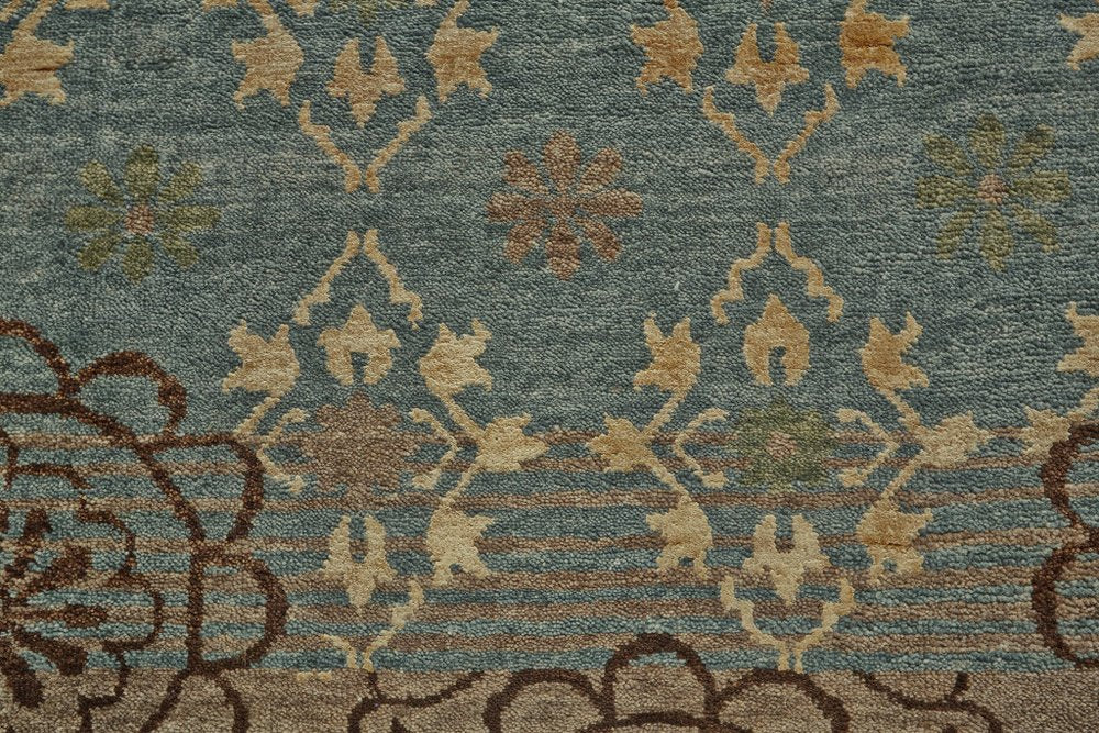 8' X 12' Green Blue and Brown Floral Hand Knotted Area Rug