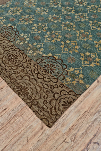 8' X 12' Green Blue and Brown Floral Hand Knotted Area Rug