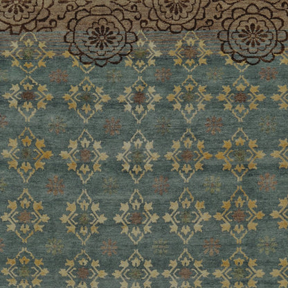 8' X 12' Green Blue and Brown Floral Hand Knotted Area Rug