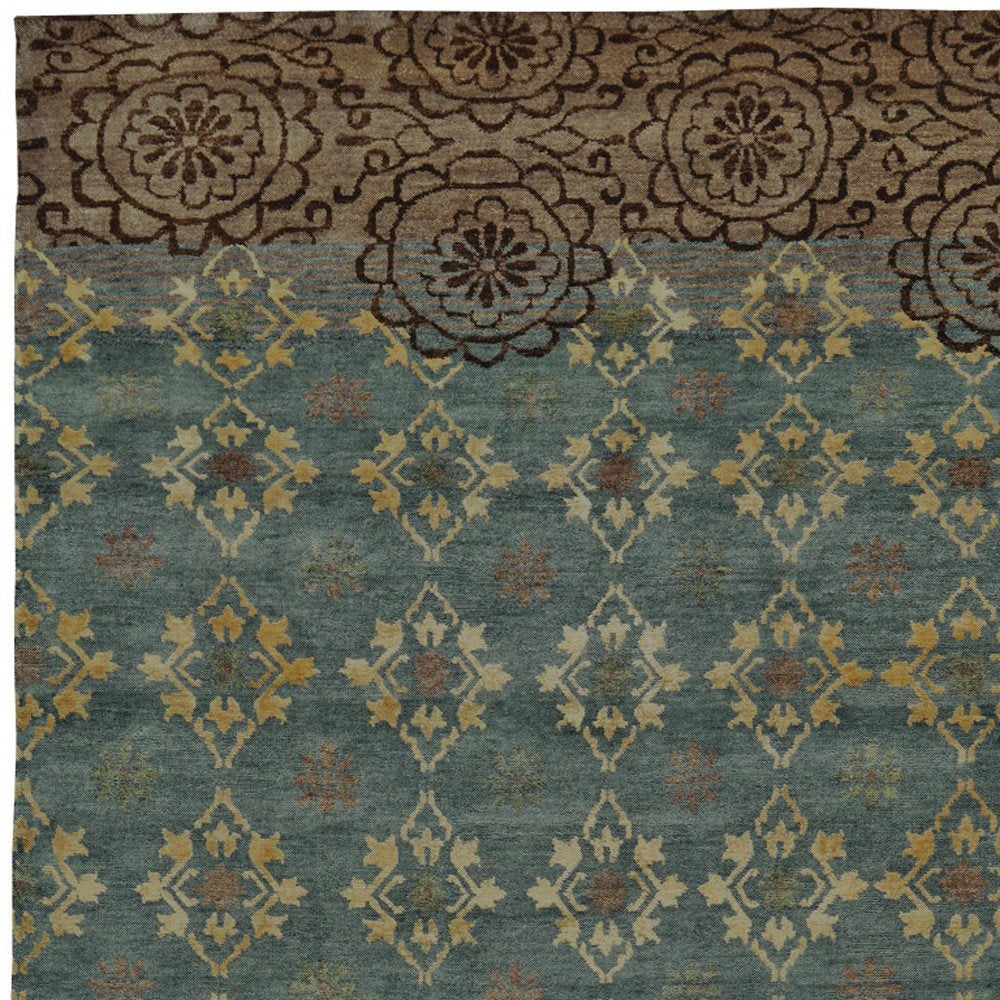 8' X 12' Green Blue and Brown Floral Hand Knotted Area Rug
