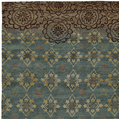 8' X 12' Green Blue and Brown Floral Hand Knotted Area Rug