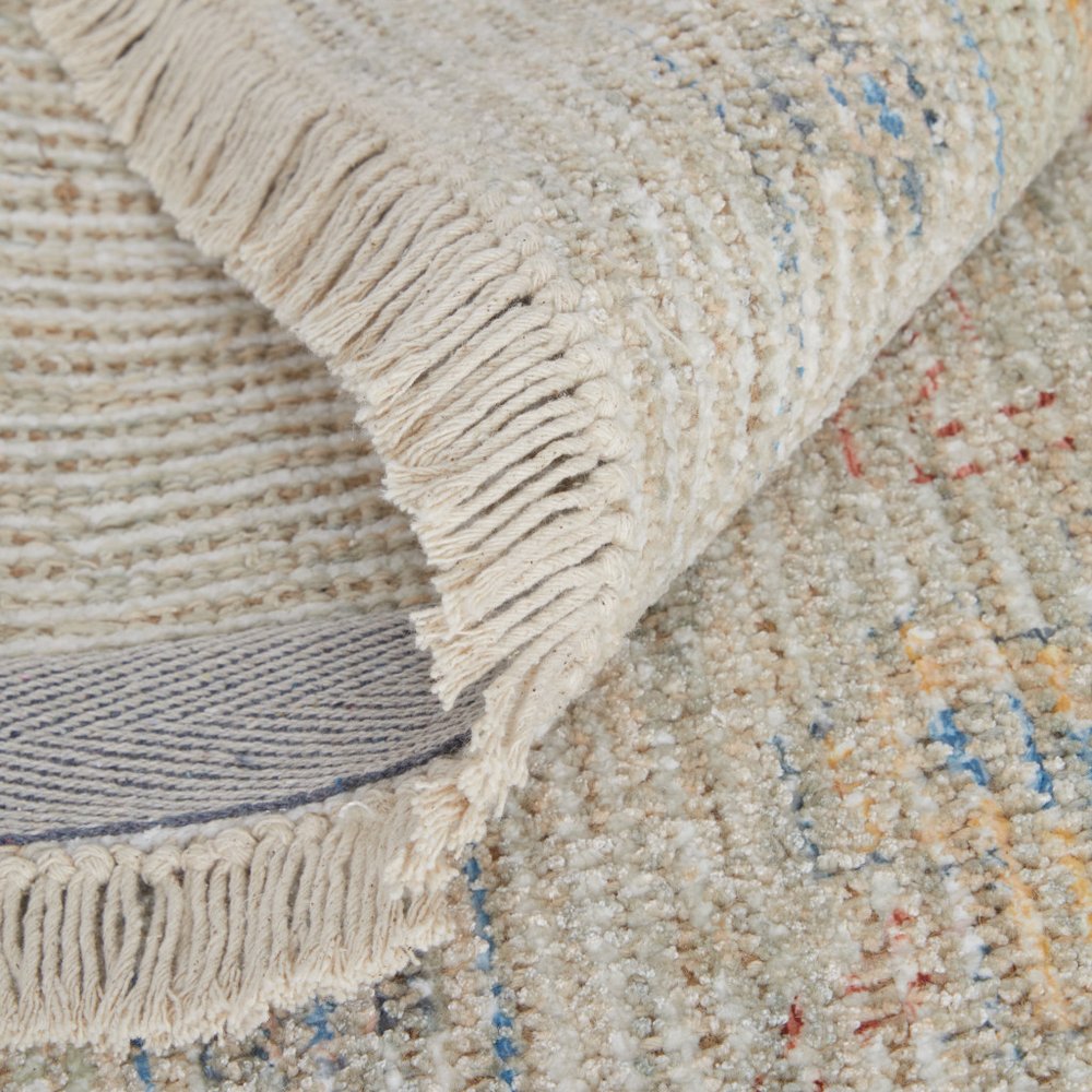 9' X 12' Tan Brown and Blue Floral Hand Woven Distressed Area Rug With Fringe