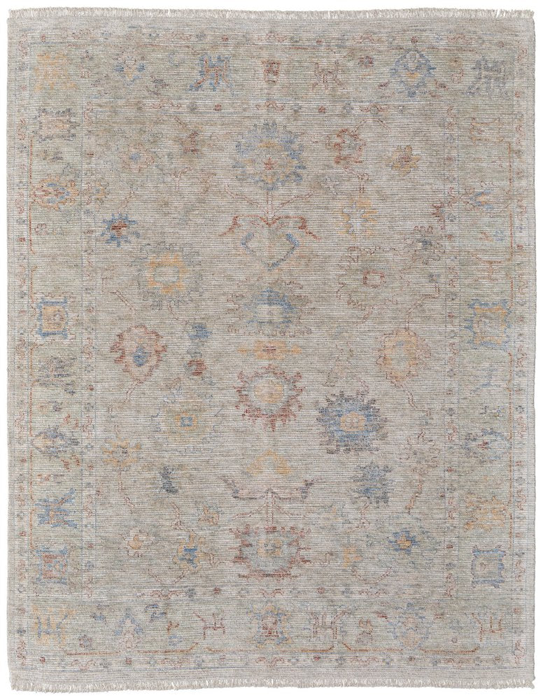 9' X 12' Tan Brown and Blue Floral Hand Woven Distressed Area Rug With Fringe