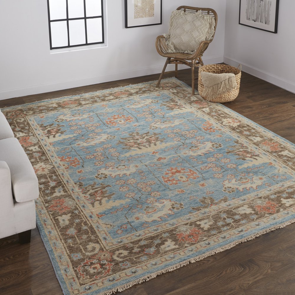 4' X 6' Brown and Blue Wool Oriental Hand Knotted Area Rug