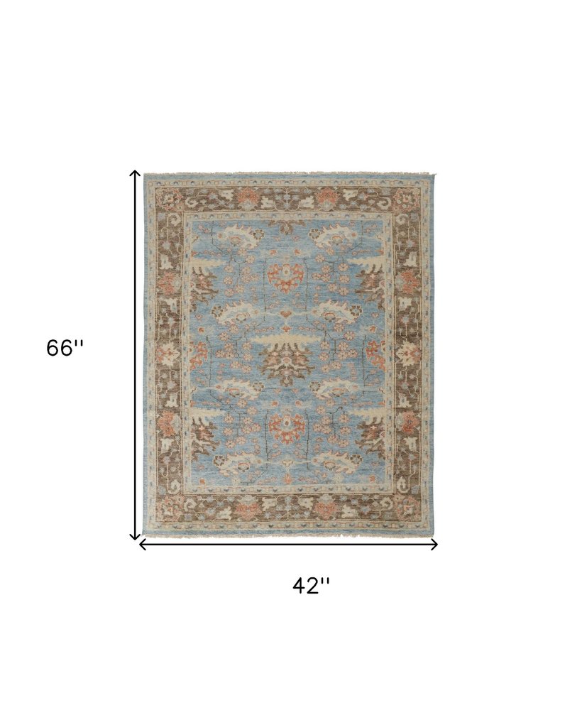 4' X 6' Brown and Blue Wool Oriental Hand Knotted Area Rug