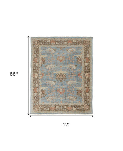 4' X 6' Brown and Blue Wool Oriental Hand Knotted Area Rug