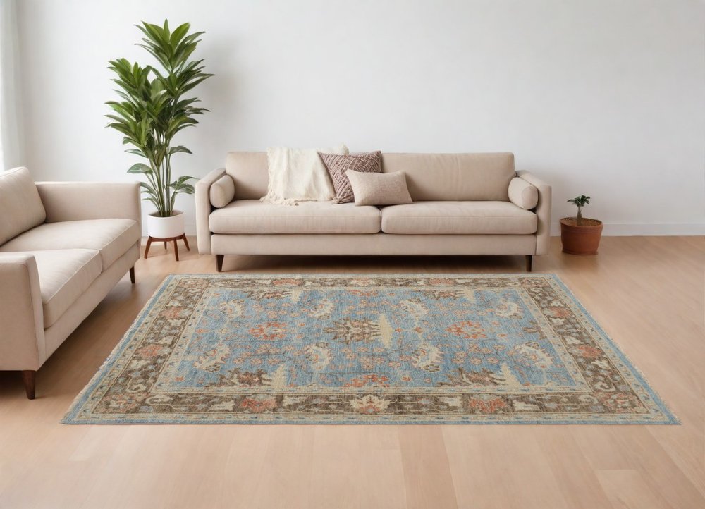4' X 6' Brown and Blue Wool Oriental Hand Knotted Area Rug