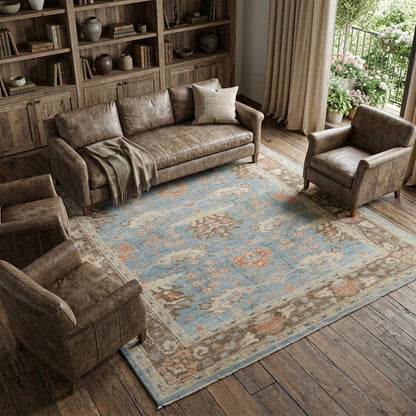 9' X 13' Brown and Blue Wool Oriental Hand Knotted Area Rug